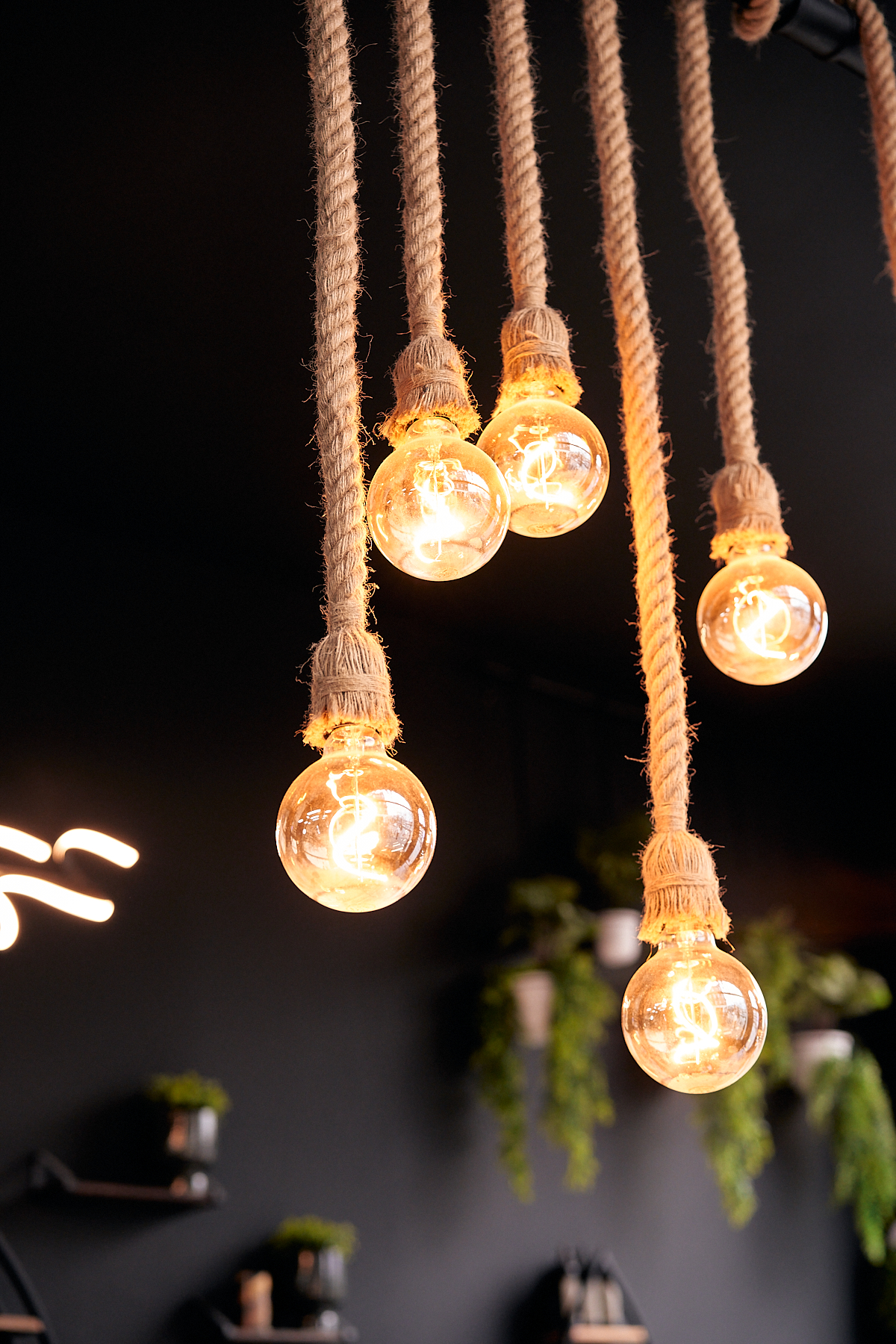 Rope pendant Edison bulbs inside Empire Barbershop Amsterdam